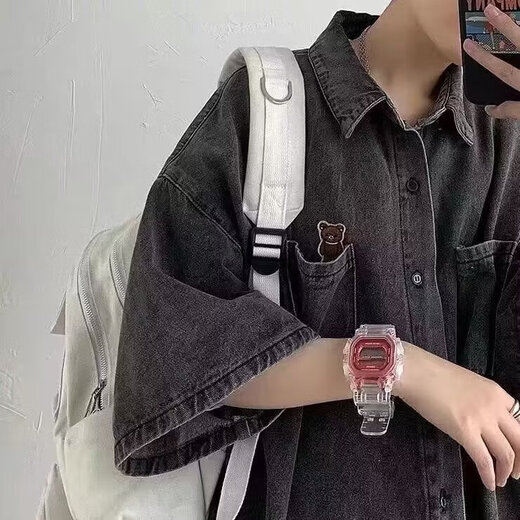 妙奕嘉短袖衬衫男牛仔衬衣男士夏季衬衫式外套工装高级舒适休闲时尚潮流 韩版宽松口袋设计牛仔短袖衬衫 2XL 【建议130-155斤】