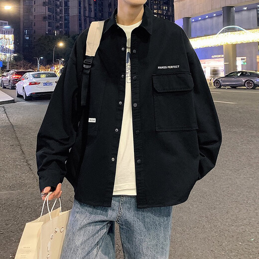酷章男士衬衫夹克春季高青少年秋冬加绒工装外套日系休闲薄款男装 黑色新面料6198 均码 m