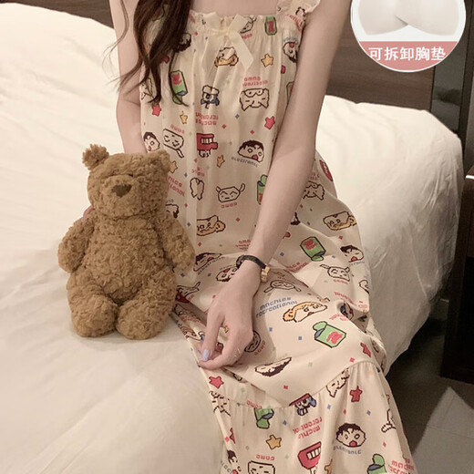 
LangSha nightgown for women in summer, with breast pads, ice silk cool suspender pajamas, summer, women's sweet and cute home clothes, spring and autumn 3887 [Not removable chest pad] M [75-100Jin [Jin equals 0.5 kg]]