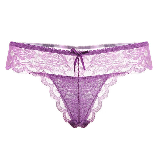 Low-waist men's thong transparent transvestite plus size underwear bow women's CD cross-dressing lace briefs purple M