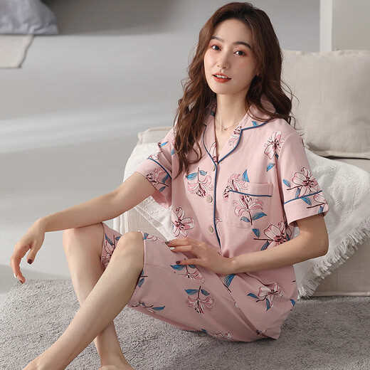 Langsha Pajamas para mujeres en el algodón de verano Nuevo solapa de cárdigan de gran tamaño de manga corta se adapta a la ropa de hogar casual suelta NX9898 M Mujeres
