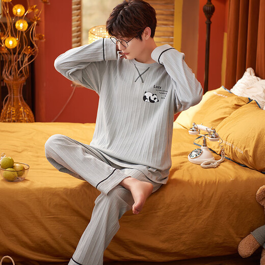 Pang Donglai DL Frühlings- und Herbst-Pyjamas für Männer reine Baumwoll-Langarmhose koreanische losen lässige Anzüge können außen für Sommer, Herbst und Winter Home Clothes Black Blue_zy9901 L (empfohlene 100-130jin [Jin gleich 0,5 kg]) getragen werden (Jin gleich 0,5 kg])