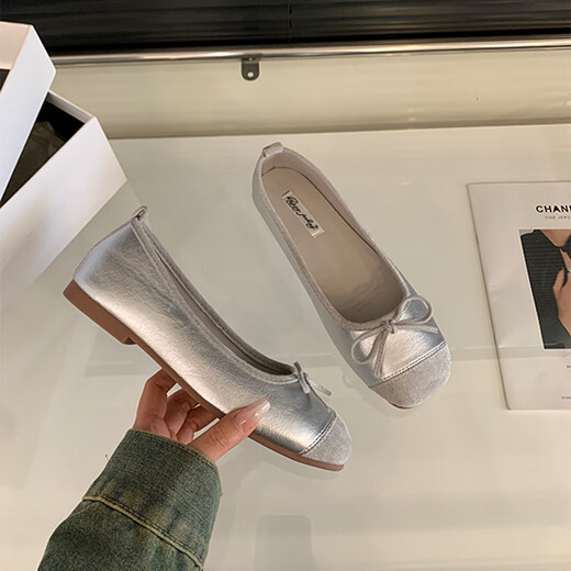 Yupinjia plano plano zapatos de noche gentiles franceses zapatos rojos pequeños zapatos solteros zapatos para mujeres suaves zapatos de ballet plateado primavera verano otoño plateado 37