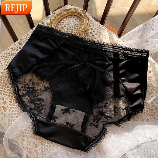REJIP轻奢法式纯欲蕾丝内裤女性感提臀夏季薄款透气中腰绑带少女生私房 黑色 M 80-100斤 3883