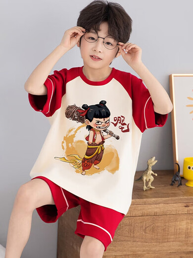 Boys Pyjamas Été à manches courtes à manches moyennes de taille moyenne Nezha Nezha Teenagers 2025 New Style Junior School Children's Home's Home's Clothes [100% Pure Cotton] YM-693 Chinchilla 150 [S Code] Hauteur recommandée 143-153cmm