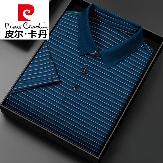 Pierre cardin light luxury high-end men's short-sleeved T-shirt lapel summer ice silk thin middle-aged striped polo shirt top 13563# green 3XL 56 [Suggested 170-185Jin [Jin equals 0.5 kg]]