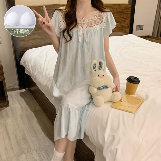 Xiangyaxin summer chest pad short-sleeved nightgown for women woven cotton 2024 new summer sweet princess style home clothes pajama thin 9901-4 color love M