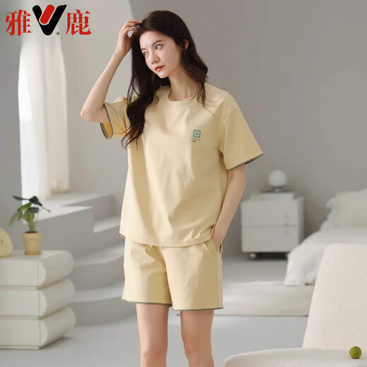 雅鹿睡衣女夏季纯棉短袖短裤简约休闲全棉薄款可外穿家居服套装 Z9854 M 建议80-100斤