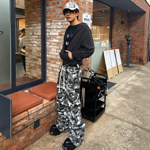 黑盒白美式复古迷彩直筒牛仔裤男春夏潮牌痞帅裤子宽松阔腿潮流工装长裤 WKXS-K1048迷彩色 XL
