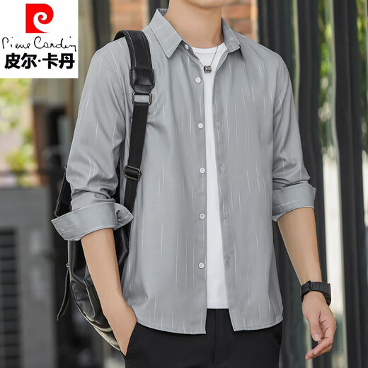 Pierre cardin spring men's long-sleeved shirt ice silk cool and thin style sun protection and breathable outer wear shirt loose and light mature trendy jacket 6173 green 3XL 155-175Jin [Jin equals 0.5 kg]