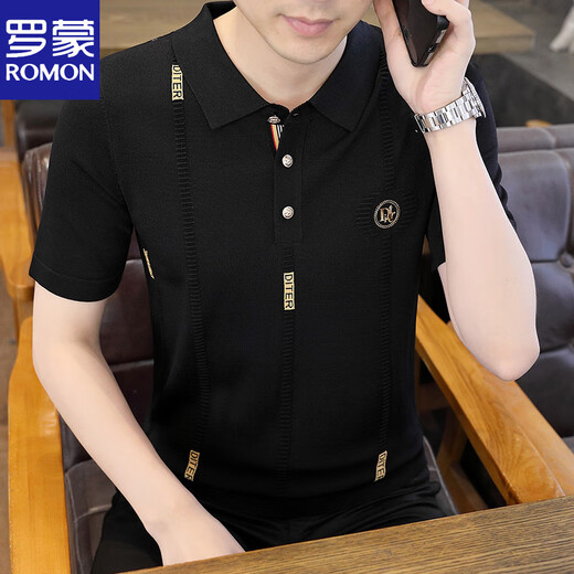 罗蒙（ROMON）翻领针织短袖t恤男士薄款修身夏季冰丝上衣潮流上衣polo体恤衫男 2575-黑色 M 90-105斤