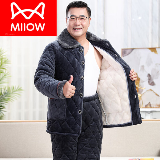 猫人（MiiOW）男士睡衣秋冬季三层加厚加绒珊瑚绒夹棉保暖中老年爸爸家居服套装 C9921#黑灰色男【长毛绒】 2XL 3层,(145 165斤)三层加厚