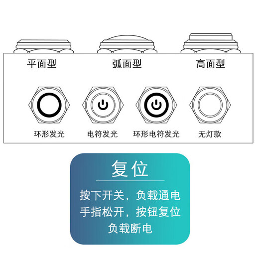 Huijun waterproof metal button switch flat head high head spherical small start stop reset self-locking switch 22mm reset metal flat head screw foot