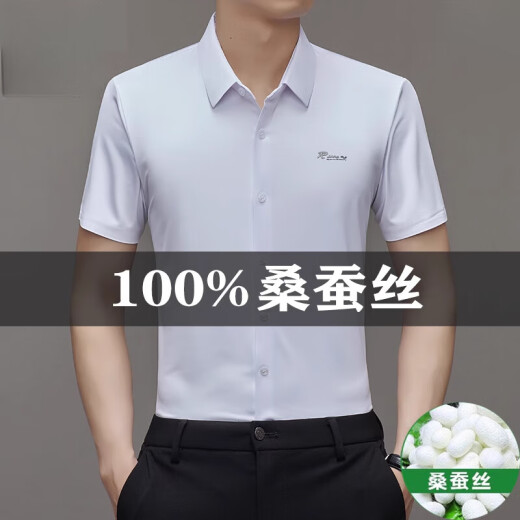 Hengyuanxiang Summer Mulberry Silk Camiseta de manga corta para hombres sin trazados y sin hierro Camisa informal de mediana edad de mediana edad de mediana pulgada 9719 Royal Blue M 16595-120Jin [Jin equivale a 0.5 kg]