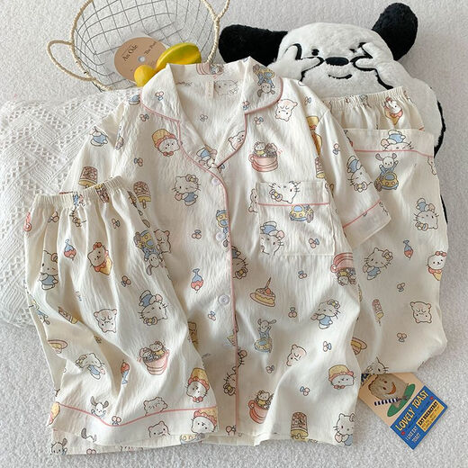 夏季短袖睡衣女薄款开衫三件套家居服新款可外穿卡通学生少女套装 9911浅杏蛋糕KT猫三件套 L