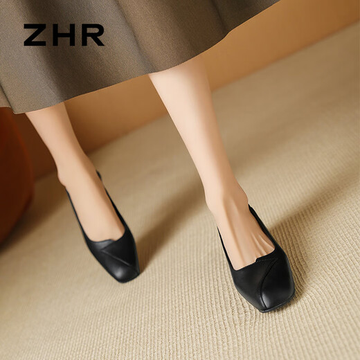 ZHR粗跟单鞋女经典拼接工作皮鞋通勤一脚蹬浅口女鞋软底AH673黑色39