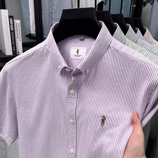 
Classic car 100% pure cotton summer short-sleeved striped shirt for men business casual versatile shirt for iron and anti-wrinkle top AN15269 green 2XL