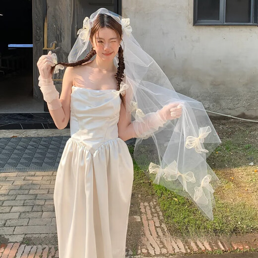 
Zi Jiafu French bow personality veil bride wedding headdress new style atmosphere proposal marriage certificate photo headdress shell beige bow veil - about 1.2 meters 100cm-135cm
