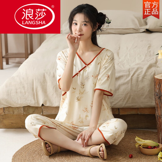 Langsha Sommer Kurzarm Pyjama Set Cotton Women's Dünne Sommer Neue chinesische Stil-Kumpel-Hosen können im Freien zu Hause sein Lzy9902 XL (vorgeschlagen 115-130jin [Jin gleich 0,5 kg])