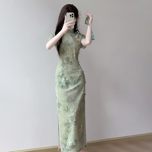 以欧（YIOU）复古旗袍年百搭夏季少女国风改良版新中式绿色送考高考连衣裙9713 图片色 2XL