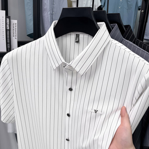 
Classic Car Summer Men's Jinmin Short Sleeve Shirt Striped Breathable High Elastic Anti-Wrinkle Non-Secret Business Casual Shirt Men's New Style AN15277 Gray M