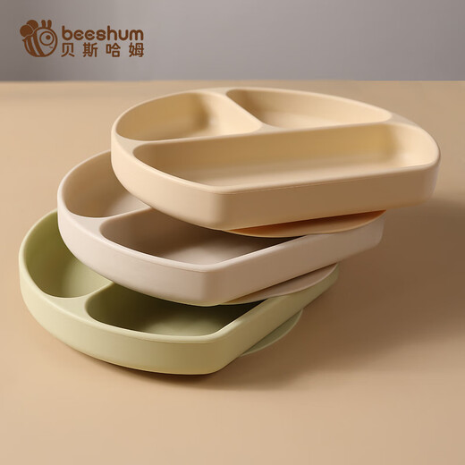 Beeshum Baby Mahlzeit Teller geteilter Teller Kinder Silikon ergänzende Lebensmittelschale Cartoon Anti-Fall-Saugbecher Baby Tabelle Export Ins Style weiße Platin-Silikonmahlzeitplatte