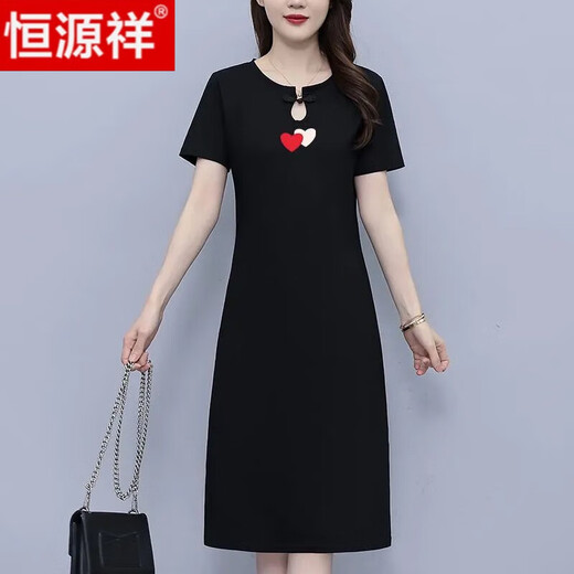 恒源祥纯棉中国风休闲连衣裙女2024夏季新款宽松显瘦气质过膝T恤裙 黑色(线条蝴蝶结) S 85斤-95斤