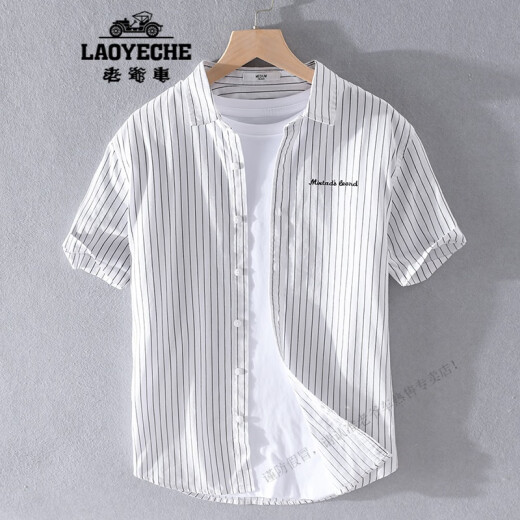 老爷车（LAOYECHE）仁本纯棉条纹短袖衬衫男薄款日系休闲白色潮商务上班男士衬衣 黑色  纯棉有口袋(YY9740) 3XL 78-98公斤体重