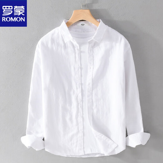 ROMON spring linen shirt men's long sleeve thin loose solid color Japanese casual and versatile youth work clothes white cotton linen shirt watermelon red [9207 stand-alone* collar] 2XL