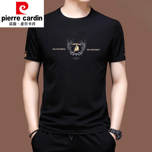 皮尔卡丹（pierre cardin）新款短袖t恤男士冰丝半袖夏装卫衣丝光棉刺绣宽松中年上衣服潮 X733黑色 M 165M建议100-120斤