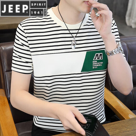 JEEP SPIRIT短袖T恤男棉质小衫条纹汗衫潮流男装半袖圆领小衫 9898短 袖 黑色 M 【建议90-105斤】