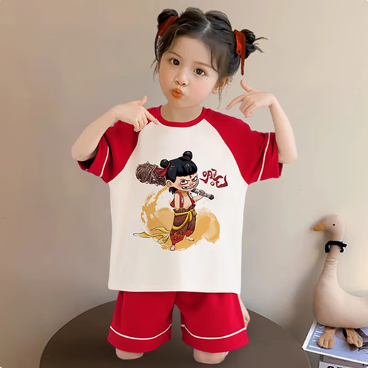 Nezha Summer Pajamas para niños niños y niñas delgada manga delgada de algodón puro Madre e hija Set de origen familiar Ropa familiar [100% puro de algodón] YME-694 Nezha 130 [14 Tamaño] Altura 123-133cm