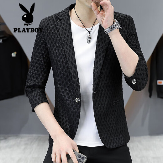 花花公子（PLAYBOY）西服男士夏季中袖上衣薄款修身七分袖休闲小西装潮流男装夏装外套 白色 M 80-102