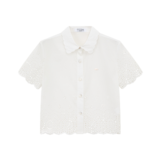 ELLE KIDS children's clothing summer new style girls French pastoral style cotton embroidered lace collar casual short-sleeved shirt top white 140