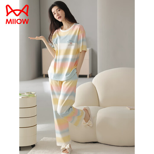 Cat Man (Miiow) Sommer Frauen Kurzarm Pyjama Set 100 reine Baumwollhosen Hauskleidung Vollte Baumwolle kann außerhalb Sommerstreifen Cartoon Y9717 m (vorgeschlagen 75-95jin [Jin gleich 0,5 kg]) tragen)