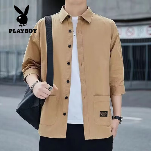 花花公子（PLAYBOY）纯棉七分袖衬衫男夏季薄款高端中袖衬衣男士休闲短袖t恤男款外套 A702绿色（七分袖衬衫） M