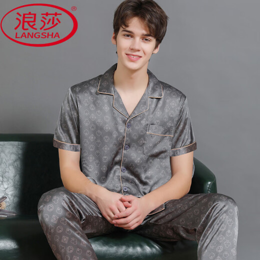 LangSha handsome pajamas men's summer ice. Thin silk short-sleeved trousers large-size silk home clothes 2025 set Atmospheric black 6223 L (115-140Jin [Jin equals 0.5 kg])