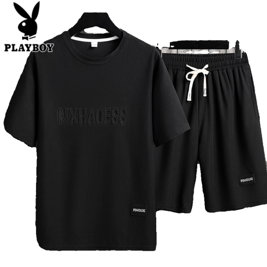 花花公子（PLAYBOY）男士夏季套装青少年短袖t恤薄款冰丝两件套休闲运动服五分短裤子 套装-TZ829军绿【上衣+裤子】 M 建议90-110斤
