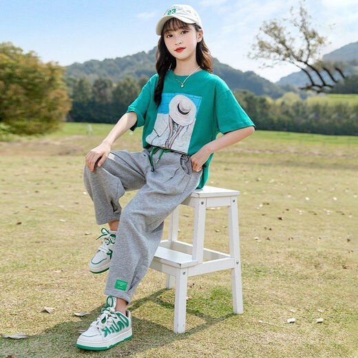 G.duck女童夏装套装时尚洋气儿童女大童夏季12到15岁时髦女孩两件套夏款 白色 上衣+灰色裤子674 130