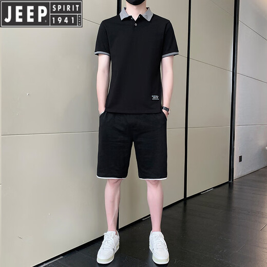 吉普（JEEP）运动休闲套装男士夏季薄款冰丝t恤短袖短裤两件套polo衫帅气百搭 灰色9863(一套) M