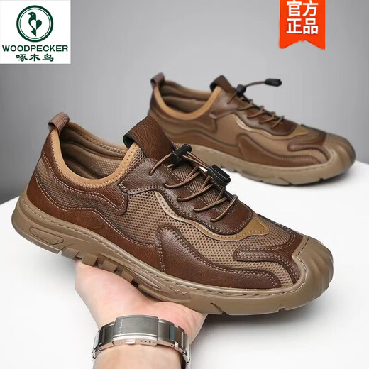 Woodpecker [handmade online] Summer sandals men's mesh hole shoes men's genuine leather casual leather shoes breathable men's shoes 6628 black 38
