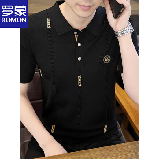 罗蒙（ROMON）翻领针织短袖t恤男士薄款修身夏季冰丝上衣潮流上衣polo体恤衫男 2575-黑色 M 90-105斤