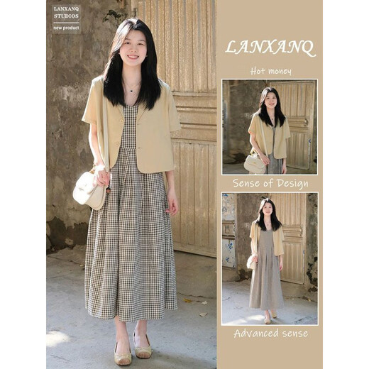 
Ziweiqi summer short-sleeved suit jacket retro plaid dress two-piece set women's trend 9720 cream yellow jacket [single piece] M Recommended 100 Jin [Jin equals 0.5 kg] below