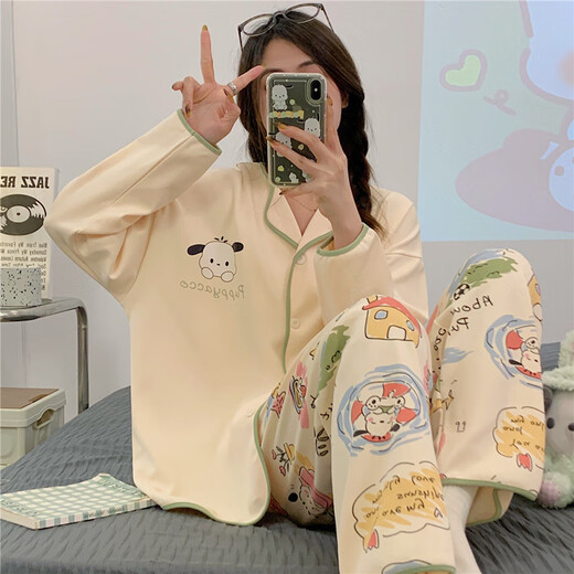 FHHUABDins风网红新款睡衣春秋款开衫薄款长袖长裤宽松公主风居家服套装 9207叮当猫 L 【建议100-120斤】