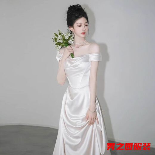 Versesa Satin Light Wedding Dress Evening Gown for Women Summer One Shoulder Simple Retro French Welcome Entrance Veil Temperament White Engagement White M