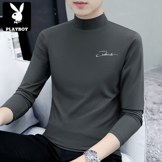 花花公子（PLAYBOY）春秋季半高领打底衫男士修身内搭长袖T恤中领秋衣外穿百搭新品 黑色C6187中领 M 85-115斤