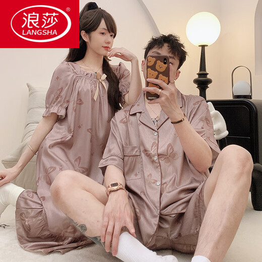 Langsha Seidenpaar Pyjamas Sommer kurzärmelig Nachthemd für Frauen dünne kühle Männer leichte Luxus-Heimkleidung Anzug 13076-13077 M Frauen + Männer L.