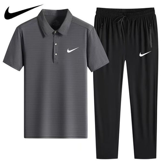 NBA KIDS-NIKE冰丝POLO衫速干休闲运动装短袖T套装薄款翻领男士长裤两件装 耐克-白色(直筒套装)1396 耐克-2XL 120-140斤