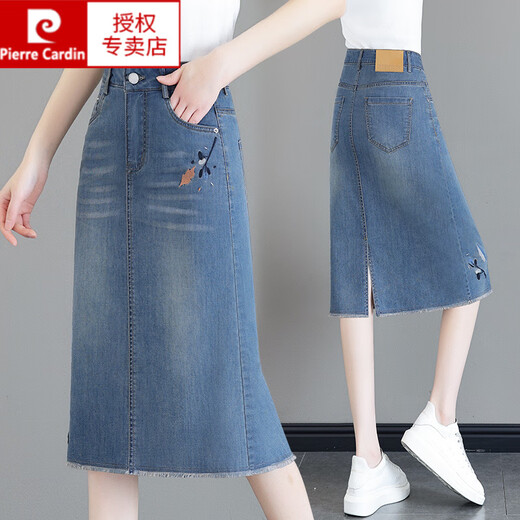 Pierre Cardin (Pierre Cardin) Überknee-Schlitzfell-Kanal-Denim-Rock für Frauen 2025 Sommer neuer schlanker Stickerei einstufige Hüft-Mid-Rock Blue XL 29 [Vorschlagen 15125jin [Jin gleich 0,5 kg]]]