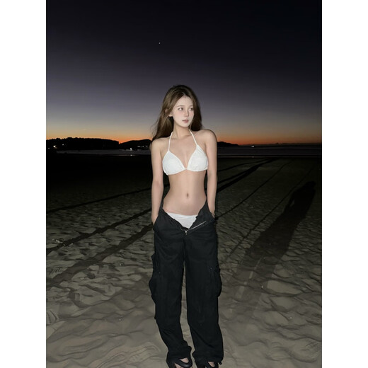 Baichao Swimsuit Women's 2025 New Bikini Three-Piece Set Sexy Small Breast Three-Point Halter Neck Beach Hot Spring White Brand New Two-Piece Set/Breast Pad S